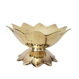 Vtg 1984 Solid Brass Lotus Flower Footed Pedestal Trinket Dish Tea Light Holder